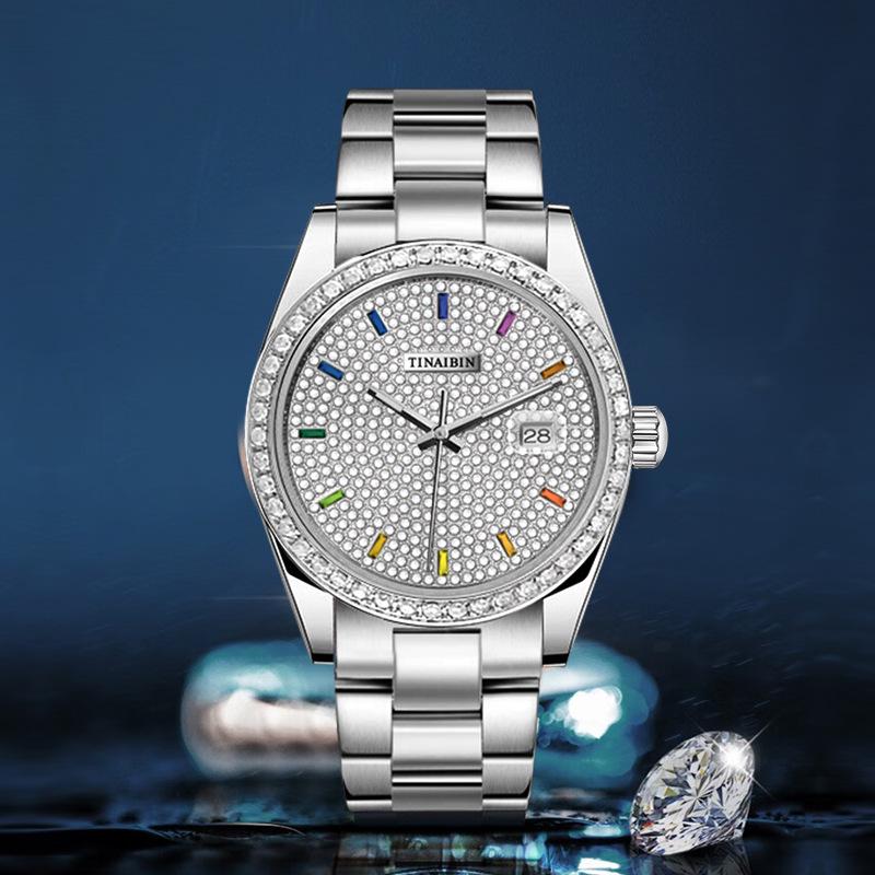 Swiss Automatic Men's Watch: Waterproof, Luminous, Diamond Accents, Steel Band, Quartz Movement.