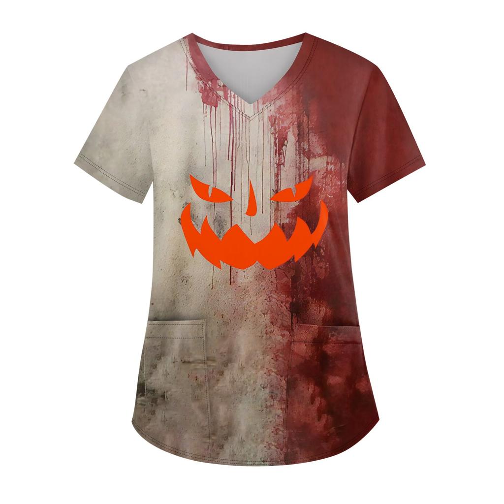 Modische Arbeitskleidung für Damen mit V-Ausschnitt, kurzen Ärmeln und bedruckten Taschen