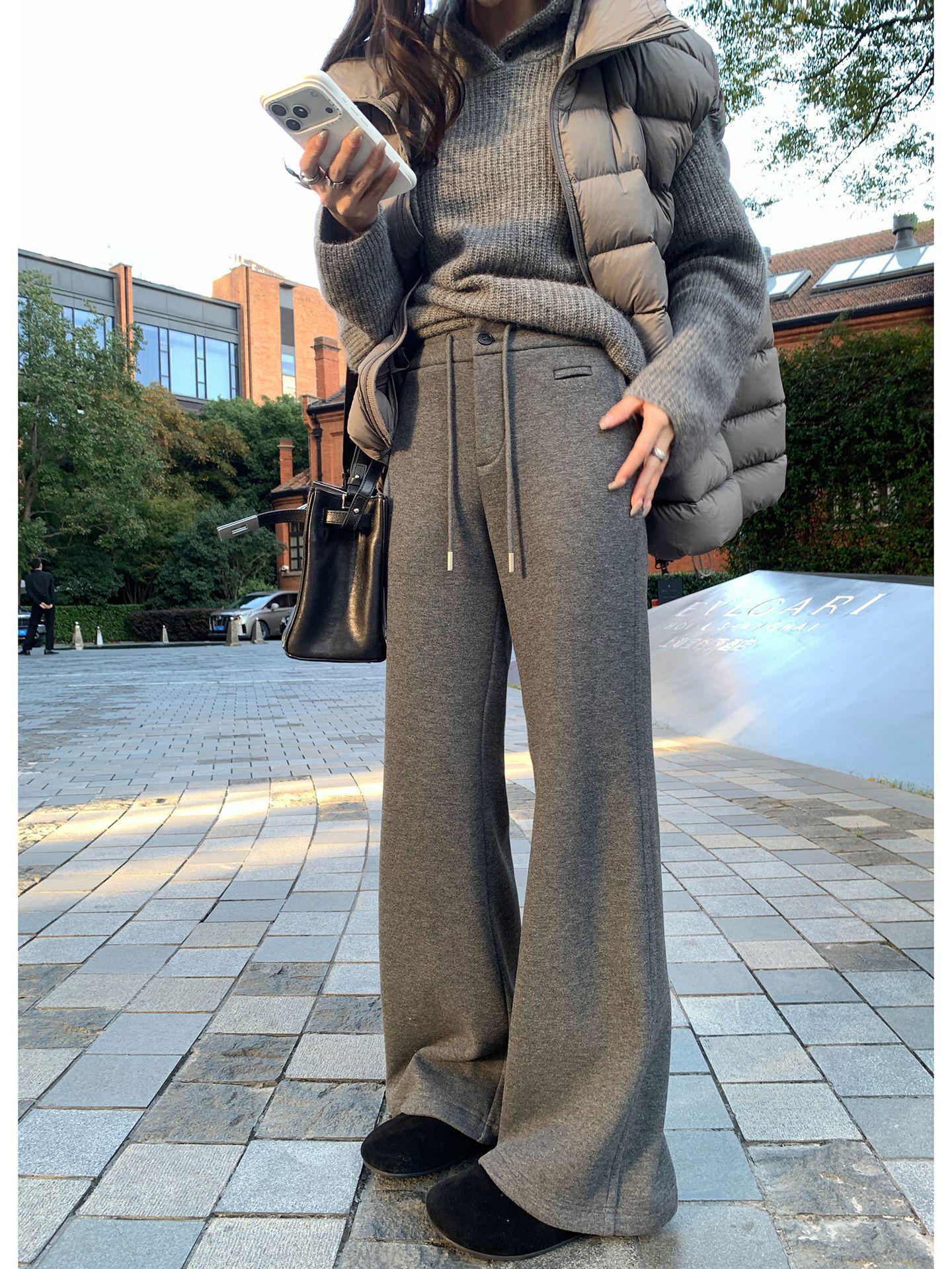 

Baishiwang Women s Winter 2025 Fleece-lined Wide-leg Micro-flare Wool Pants Medium сірий колір