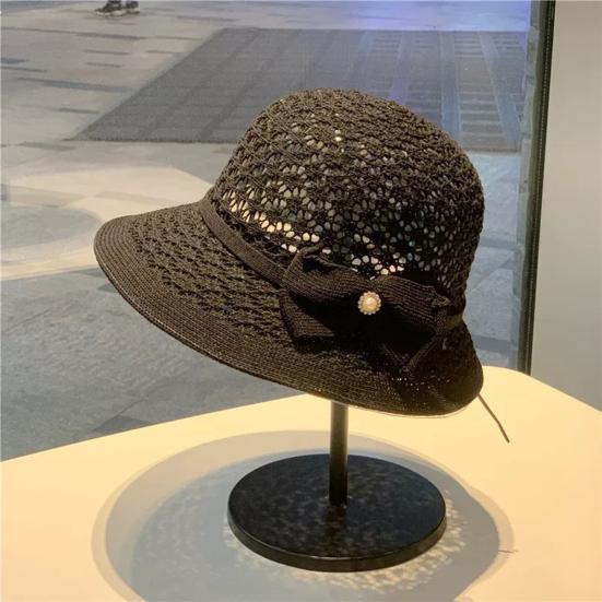 Women's Sun Hat Handmade Straw Woven Bucket Hat with Bow Foldable Sun Protection Fishing Hat for Outdoor Travel Beach