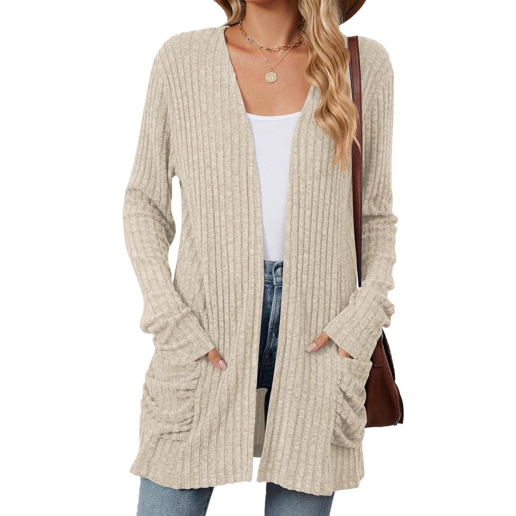 2024 Autumn/Winter Solid Color Long-Sleeve Pocket Cardigan Knitwear