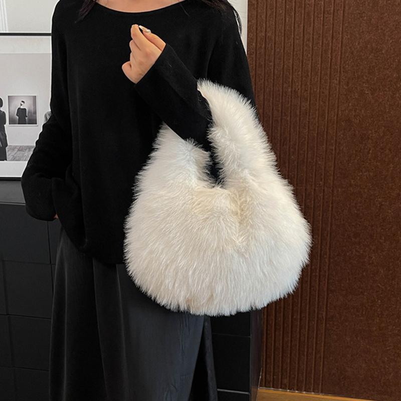 Luxury Soft Plush Half Moon Bag Faux Fur Fluffy Lady Handbags Female Winter Purse Party Clutch Bag Casual Tote Bag