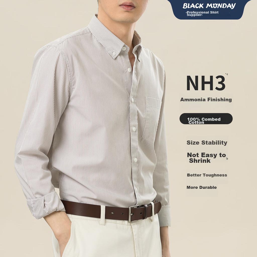 BLACKMONDAY [Liquid Ammonia] Pure Cotton Long-Sleeve Shirt for Men, All-Cotton Vertical Striped Men's Formal Business Casual Shirt
