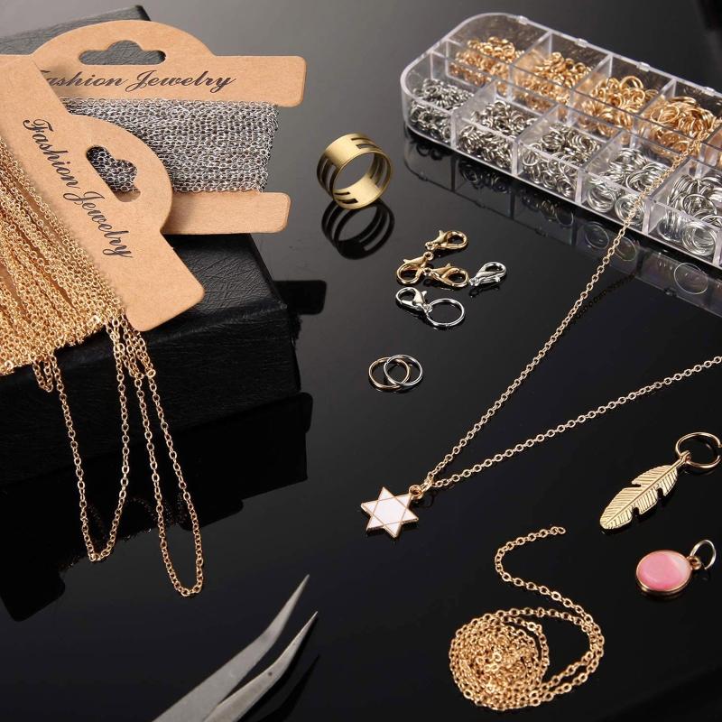 Jewelry Making Chain 1000x Jump Rings 40x Lobster Clasps with Curved Tweezers Jump Ring Opener DIY Jewelry Gold Silver