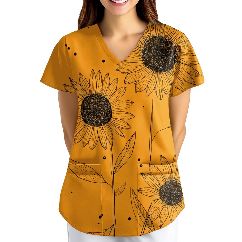Plus size bedrukte scrub werkkleding tops voor dames met V-hals en print, korte mouwen, leuke T-shirts, werkkleding T-shirt met zakken