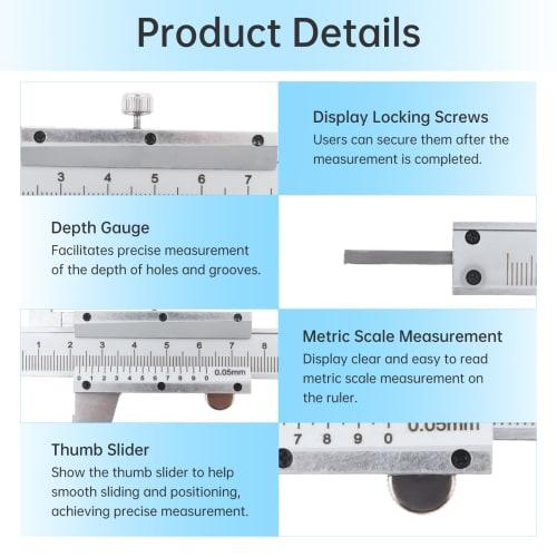 Smgda Vernier Caliper Set, 150mm, 0.05mm, Carbon Steel, for Inner/Outer Diameter/Depth/Step Measurements, Multi-Function Caliper with Soft Cleaning Ca