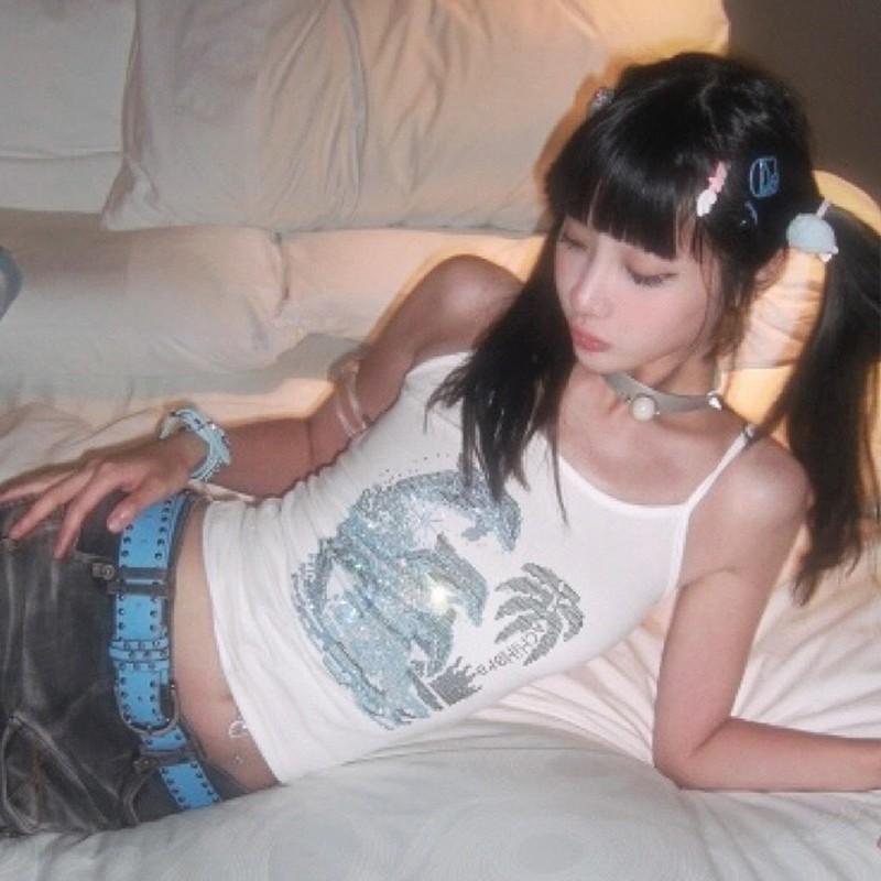 Y2k Estetika Košilka Japonské Harajuku Diamond Cami Tops Trashy Tílko z roku 2000 Vintage Grunge kamínky Tanktopy