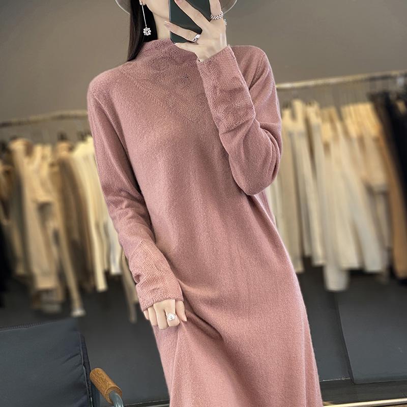 Women's Cashmere Dress Qinghe Cashmere 70% Wool 30% Cashmere Women's Autumn and Winter Cashmere Dress Soft and Warm