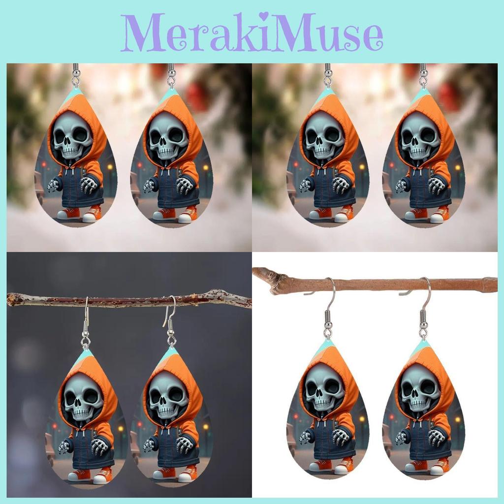 Hooded Themed Halloween Jacket Skull Pattern Droplet Shaped Earrings Acrylic