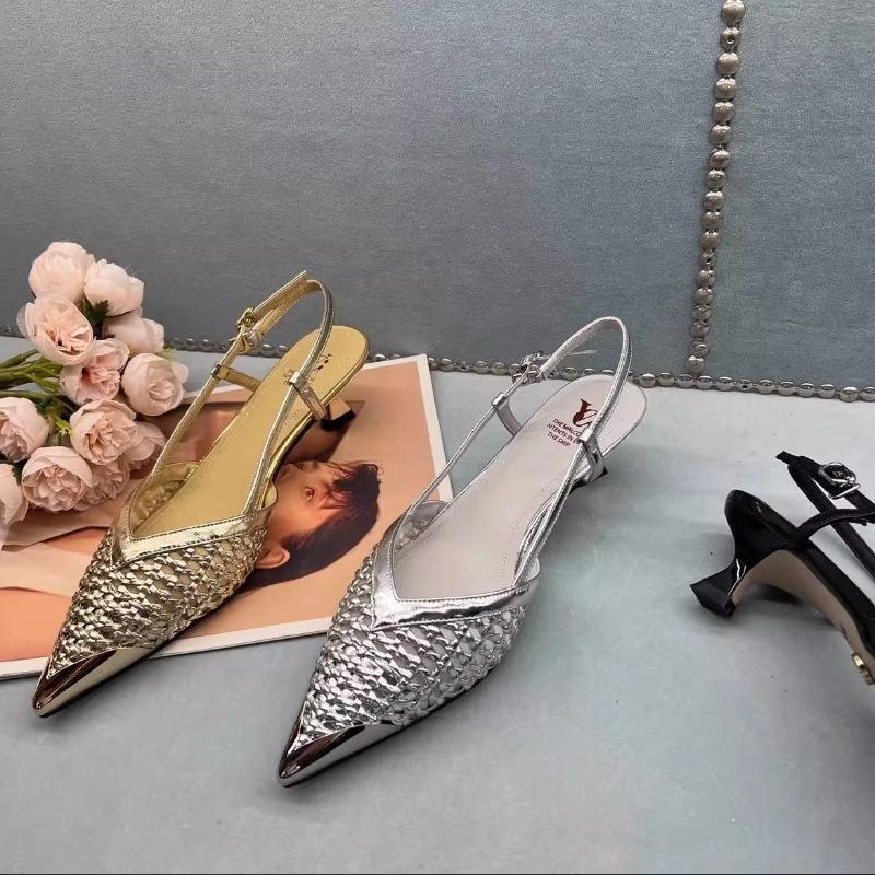 Fashion 2025 Summer Pointed Cat Heel Breathable Hand-Woven Gold and Silver French Sandals for Women