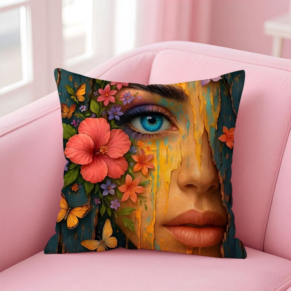 Square Bright Color Flower Girl Cushion Cover Pillow Case Soft Skin Friendly Fabric  Concealed Zipper
