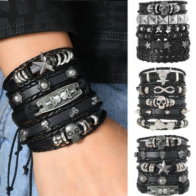 5-teiliges Herren-Lederarmband-Set Stilvolles Nietendesign Hip Hop Teens Jungen Schmuckzubehör Verstellbares PU-Leder Handgewebtes Armband