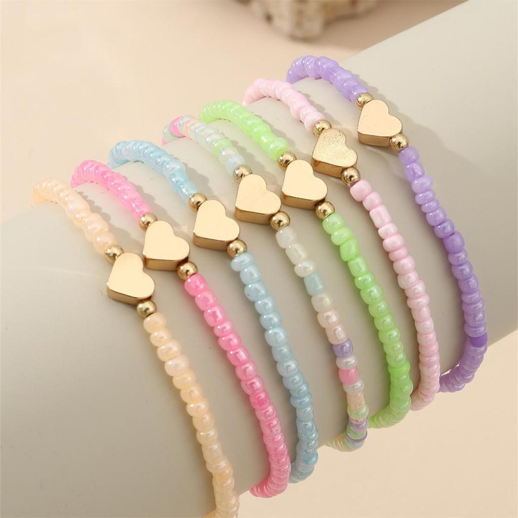 Girls Heart Shape Beaded Bracelets Set With Glass Material For Gift And Anniversary Celebrations