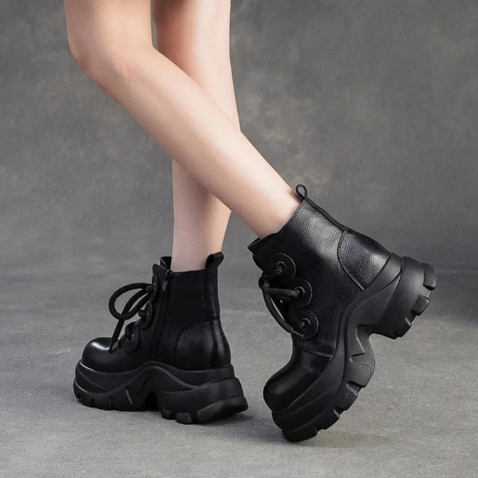 Johnature Runde Zehenpartie Plateau Kurze Stiefel Retro Echtes Leder Dicke Sohle Höhenvergrößernd Damenschuhe