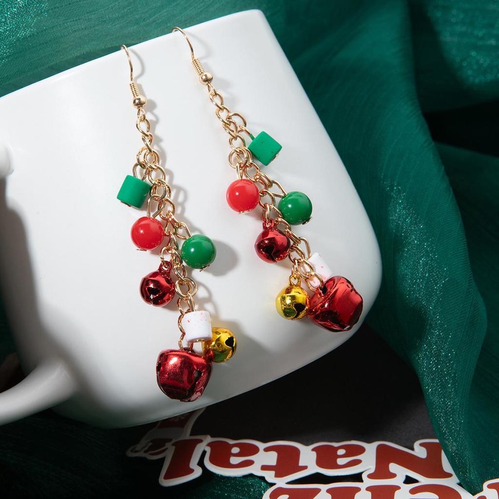 European & American Creative Christmas Bell Long Tassel Earrings: Women's Cute Cartoon Color Block Studs