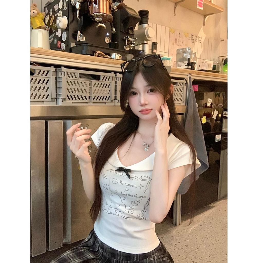 Senna kitten short-sleeved T-shirt women's summer new top front shoulder unique super good-looking design sense pure lust