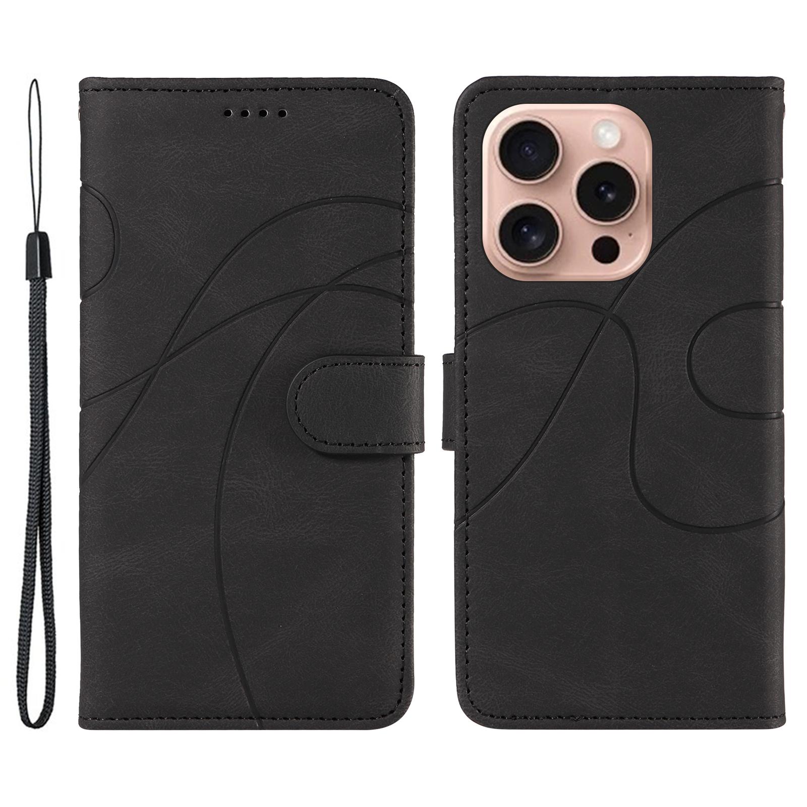 

For iPhone 16 Pro Case Curved Line Imprint PU Leather Flip Phone Cover Black