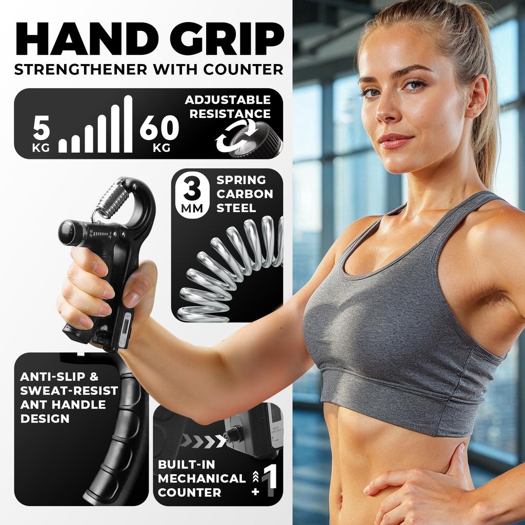 Adjustable Hand Grip Strengthener 5-60Kg With Counter, 5-In-1 Forearm Wrist Finger Exerciser Kit Fit For Fitness & Rehabilitation