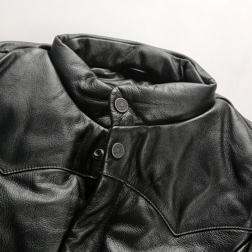 American retro locomotive style first-layer cowhide down jacket, white duck down thickened stand-up collar leather jacket men's winter