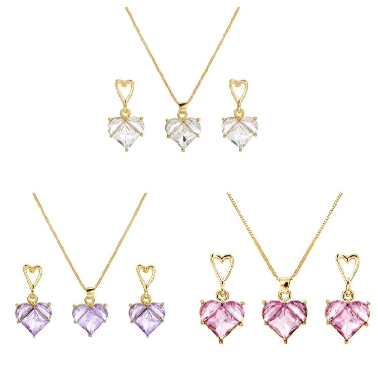 Chic Women Jewelry Set Heart Shape Crystal Necklace Heart Pendant Earrings