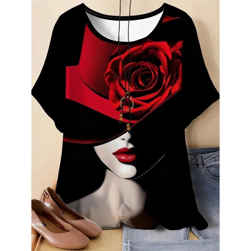 Fashion Women's Crew Neck Short Sleeve 3D Flower Color Printing Flower Short Sleeve Crew Neck T-Shirt