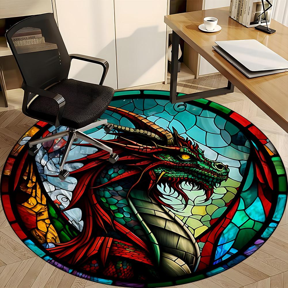 1 Stück Buntglas Drachen Stuhl Teppich für Büro Rutschfest, Maschinenwaschbarer Teppich für Büro - Feiertagsdeko Maschinell hergestellt yy251029089
