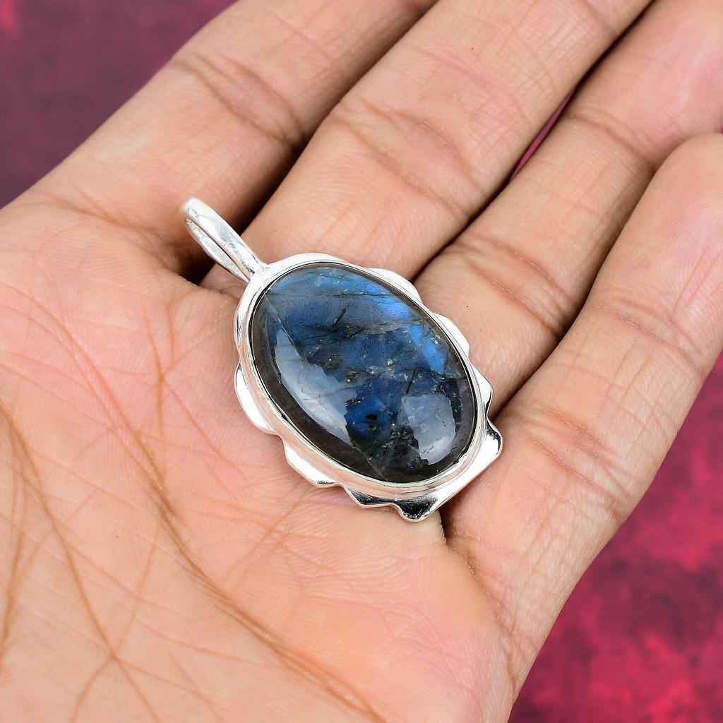 Labradorit Anhänger, handgefertigter Edelstein 925 Sterling Silber Anhänger Antik Schmuck, als Geschenk Silberschmuck