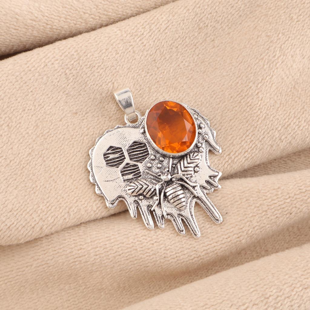 Natural Citrine Gemstone 925 Sterling Silver Jewelry Oxidized Bee Pendant 1.49" CP-28-1