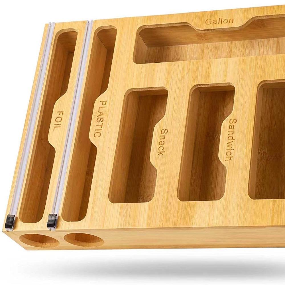 Bamboo Plastic Wrap Dispenser Wood Cling Film Holder Plastic Bag Organizer  Plastic Bag