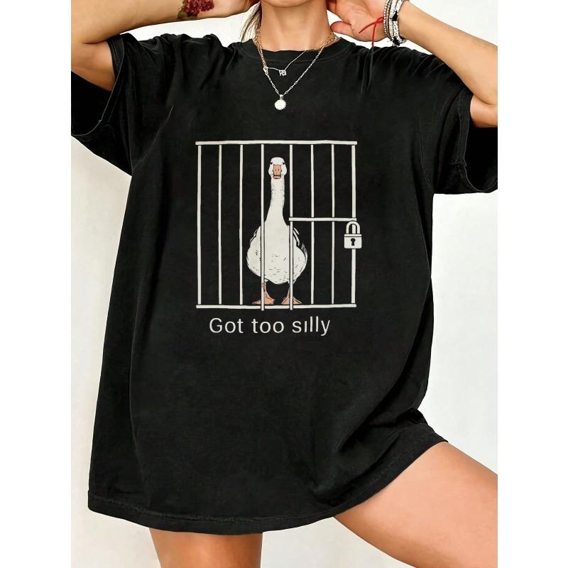 Oversized T Shirt Black Duck In Cage With Lock Print Got Too Silly Text Graphic Tee For Casual Wear And Street Style
