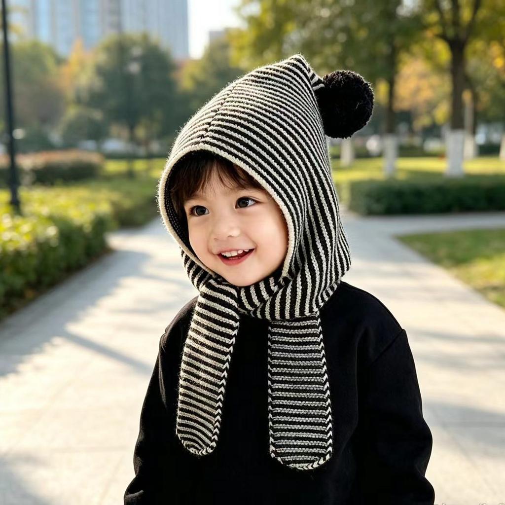 Children's striped hat and scarf integrated autumn and winter elf pointed hairball ear hat, windproof and warm for boys and girls