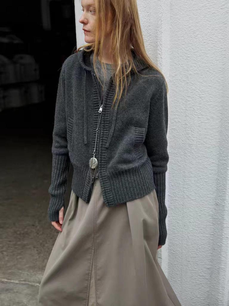 Women's Hooded Double Zipper Wool Cardigan - Thick, Long Sleeve, Pocketed Sweater Coat