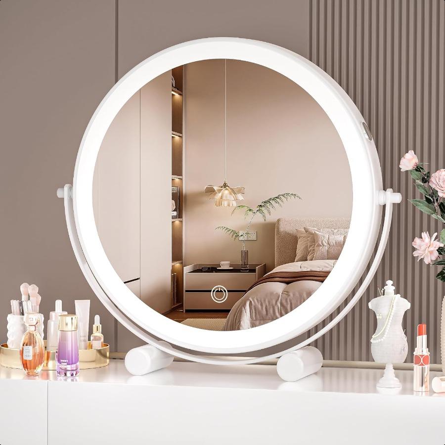 10inch Lighted Makeup Mirror with Magnification White Frame Rechargeable 3000 mAh Vanity Mirror with Lights Desk Mirror with Di