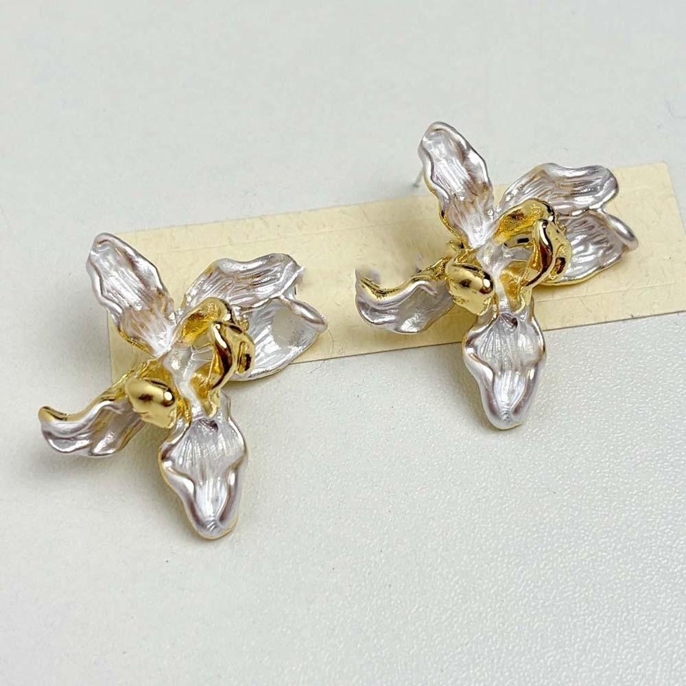 1 pair Luxury Golden and Silver Earrings Zinc Zinc Alloy Metal Flower Ear Studs Enamel Iris Earrings  Girls