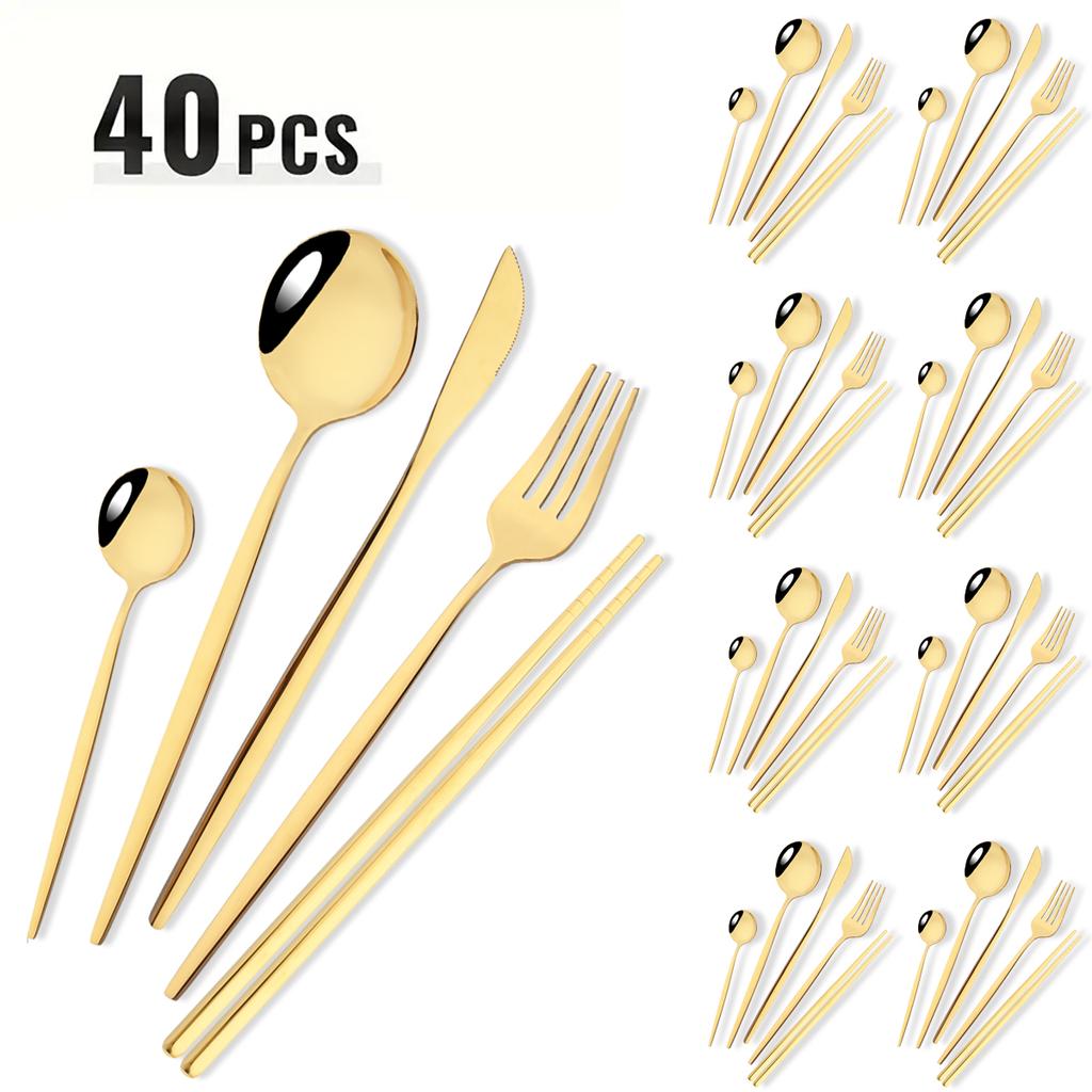 40pcs Black Gold Dinnerware Set Mirror Western Stainless Steel Cutlery Set Fork Knife Spoon Chopsticks Tableware Party Flatware