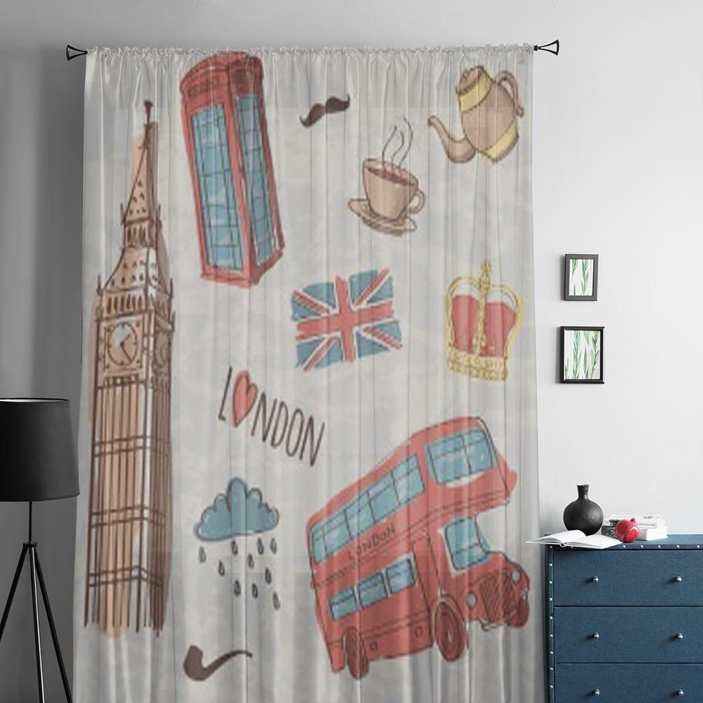 Bunte Londoner Symbole Transparente Vorhänge für Wohnzimmer Durchsichtiger Tüll Fenstergardine Schlafzimmer Küche Heimdeko Schleier Drapierungen