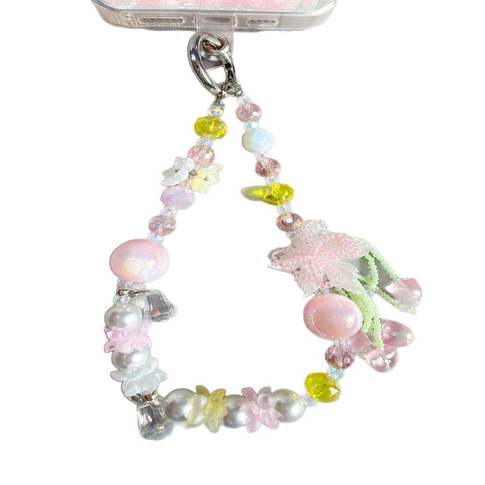 Handmade Fresh Flower Crystal Beaded Phone Wrist Lanyard & Keychain