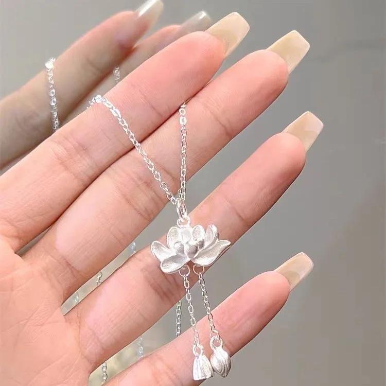 Lotus Tassel Necklace Women's New Popular Good Luck Lotus Pendant Chinese Style Elegant Flower Necklaces Jewelry Accessories