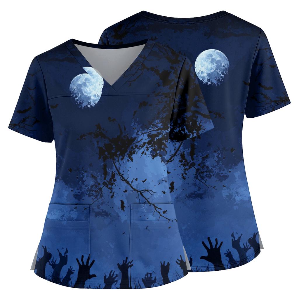 Womens V Neck Halloween Print Medical Scrub Top with Pockets Side Slits Short Sleeve Work Shirt for Healthcare Professionals