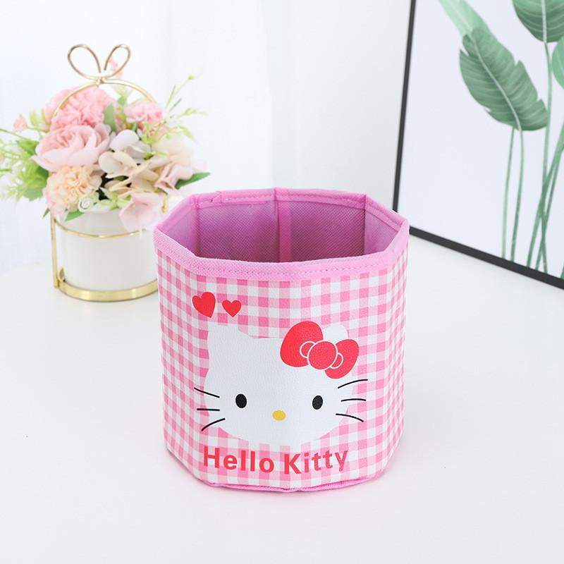 Pu Cartoon Grid Round Storage Bin With Foldable Design For Desk Organization And Office Use KT