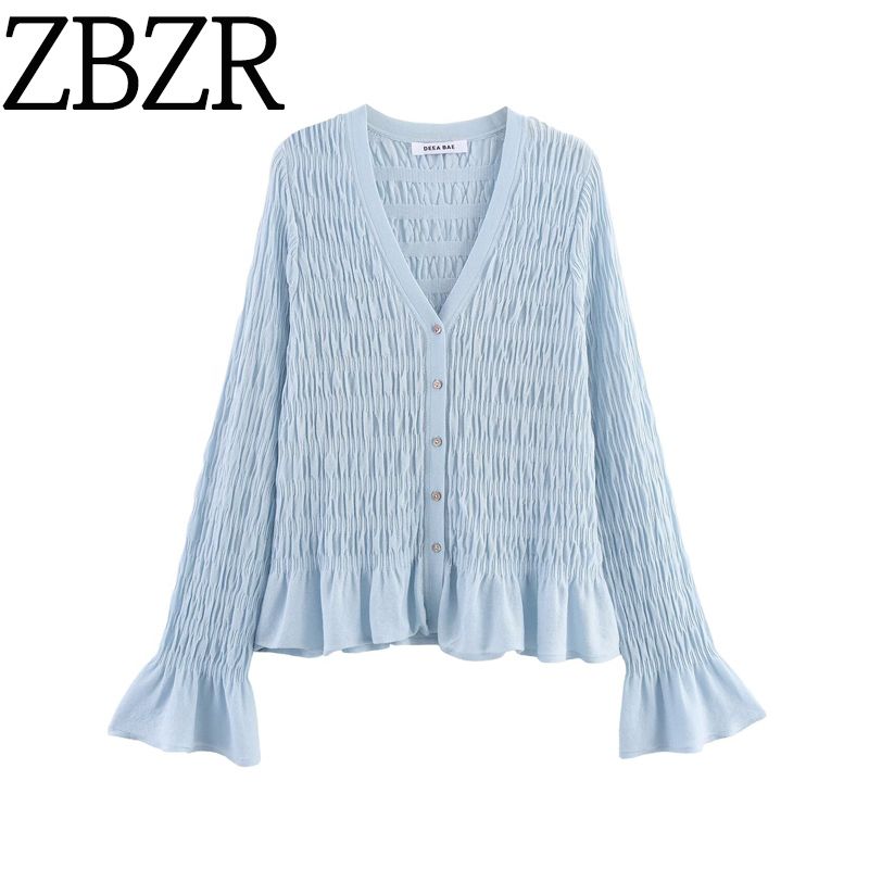 Za Autumn and Winter New Arrivals Women's Clothing Zr European and American Style Fashionable Pleated V Neck Long-Sleeved Knitted Jacket 0014104 406