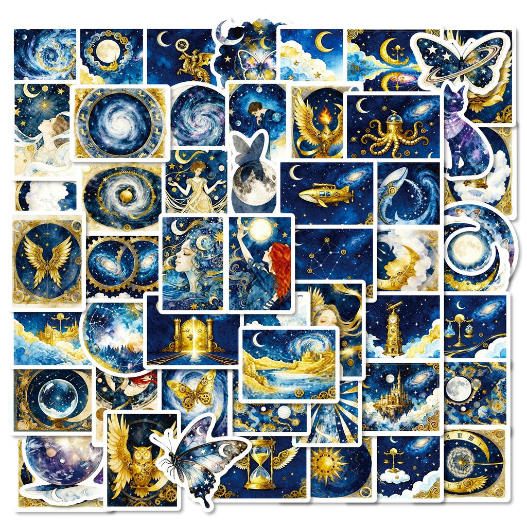 56 Fantasy Starry Sky Blue And Gold Stickers Universe Steampunk Style Creative Retro Fantasy Decorative Stickers