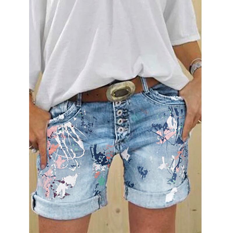 Cross-Border Women's Denim Shorts: Buttoned, Slim Fit, Half-Body Print, Casual, Elastic, Versatile Hot Pants