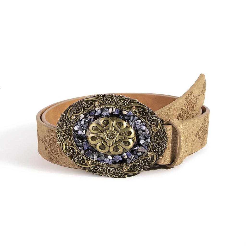 "European and American Women's Retro Turquoise Embossed Belt - Western Style Fashion Accessory"