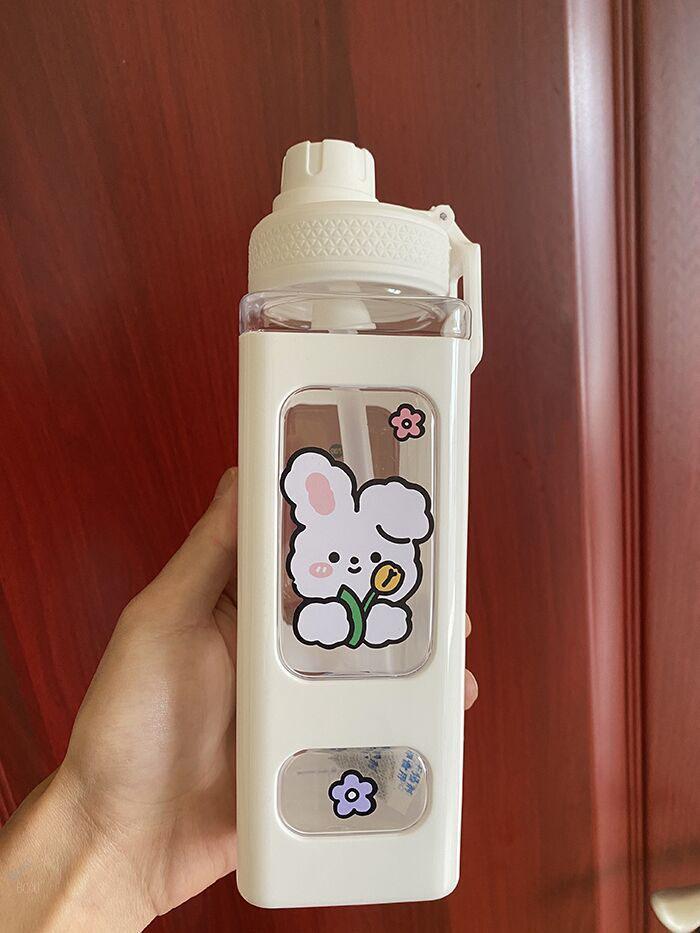 Kawaii Pastel Straw Bottle New Transparent Square Cute Water Bottles Large Capacity Travel Outdoor Sport Cycling Bottle BPA Free