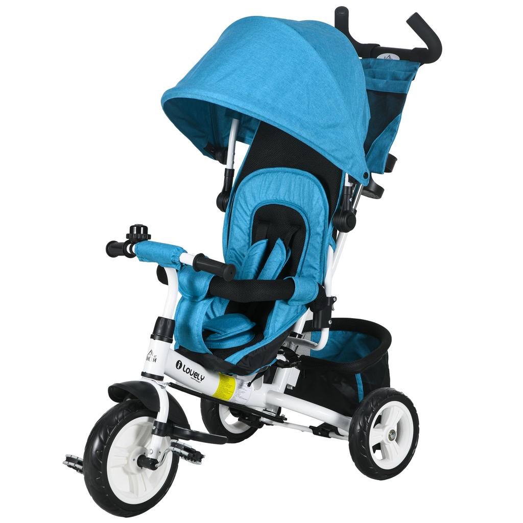 Children's Tricycle, Bicycle, Back Basket, Cup Holder, Sun Canopy, Metal, Blue