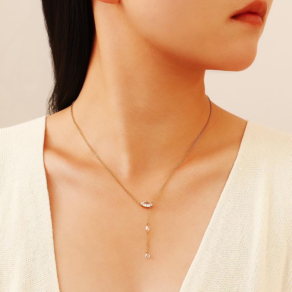 18K Gold Stainless Steel Necklace with Horse Eye Zirconia and Tassel Pendant for Women