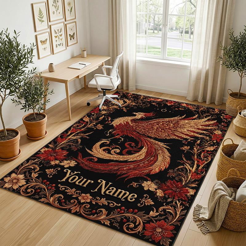 Dragon Phoenix Theme Crystal Velvet Rug Personalized Custom Name Text Soft Floor Mat Home Decor