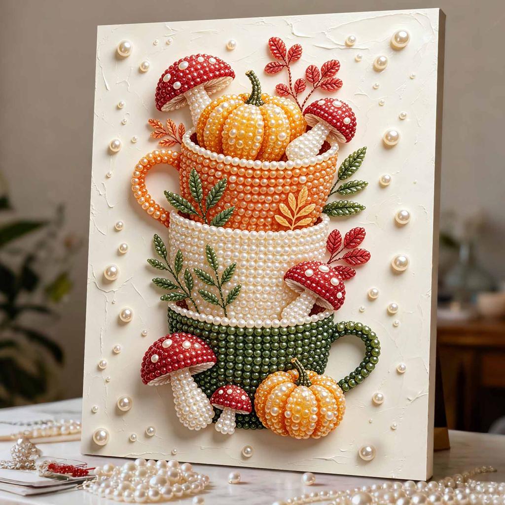 Herbstkürbis Pilz Tasse Rahmenloses Perlenmalerei-Set 3D Perlen Leinwand Kunst Romantische Wohnwanddekoration Basteln DIY Handgemacht Thanksgiving Dekoration
