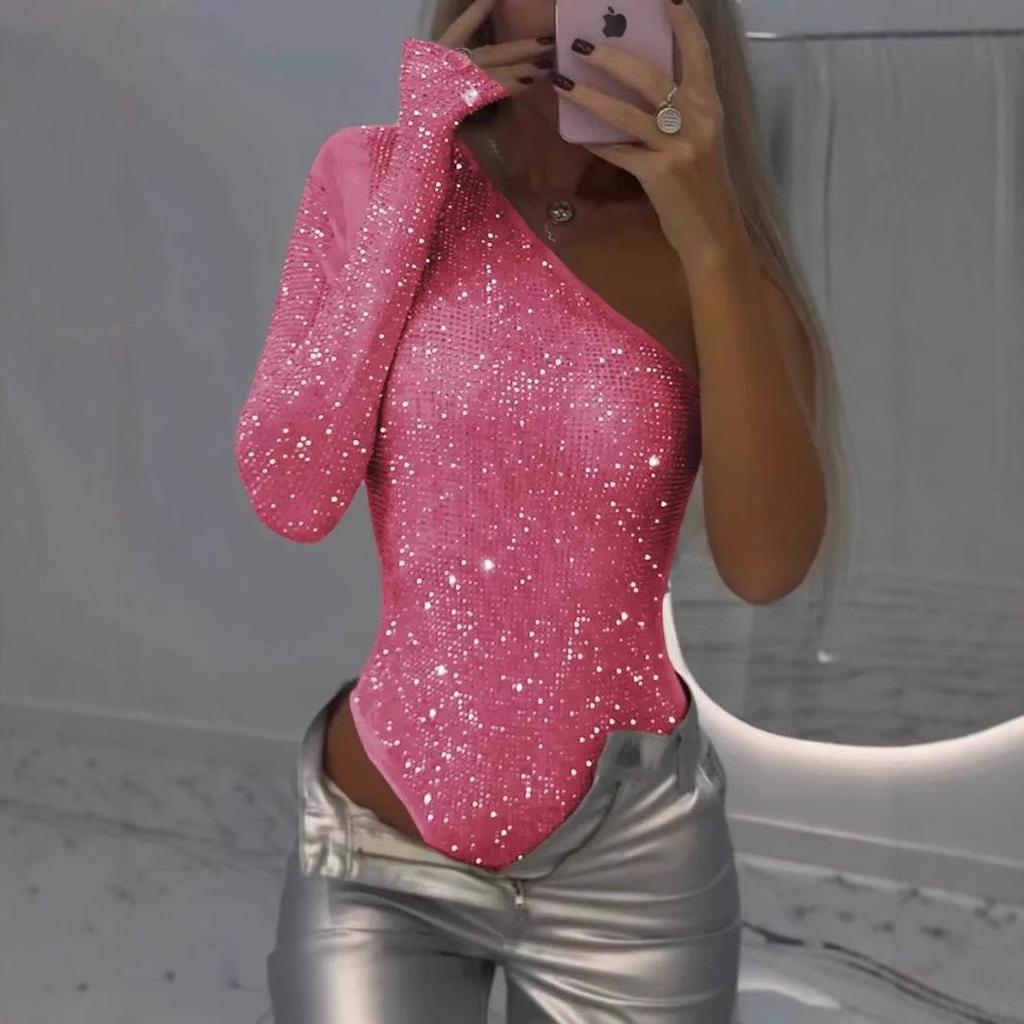 2025 Spring/Summer Glamorous Rhinestone Sequin One-Shoulder Bodycon Top for Women